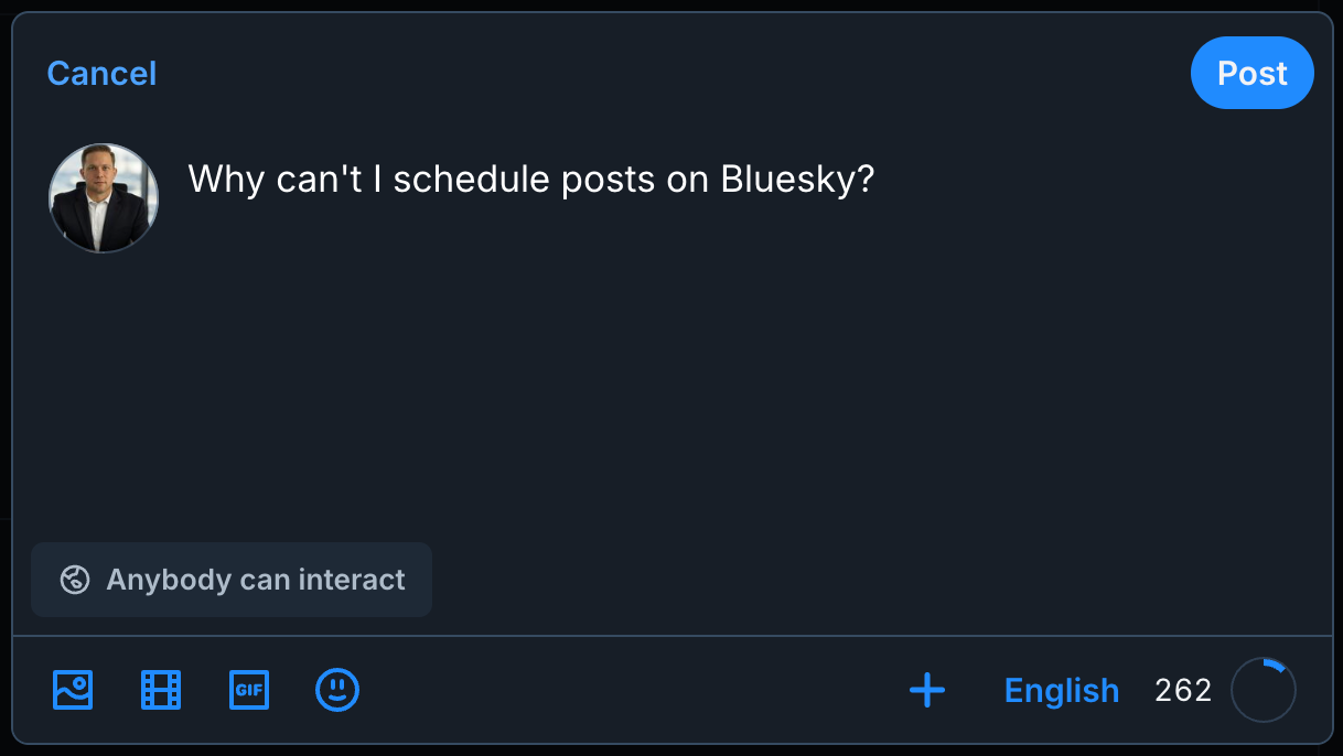 Bluesky doesn’t have a built-in scheduling feature.