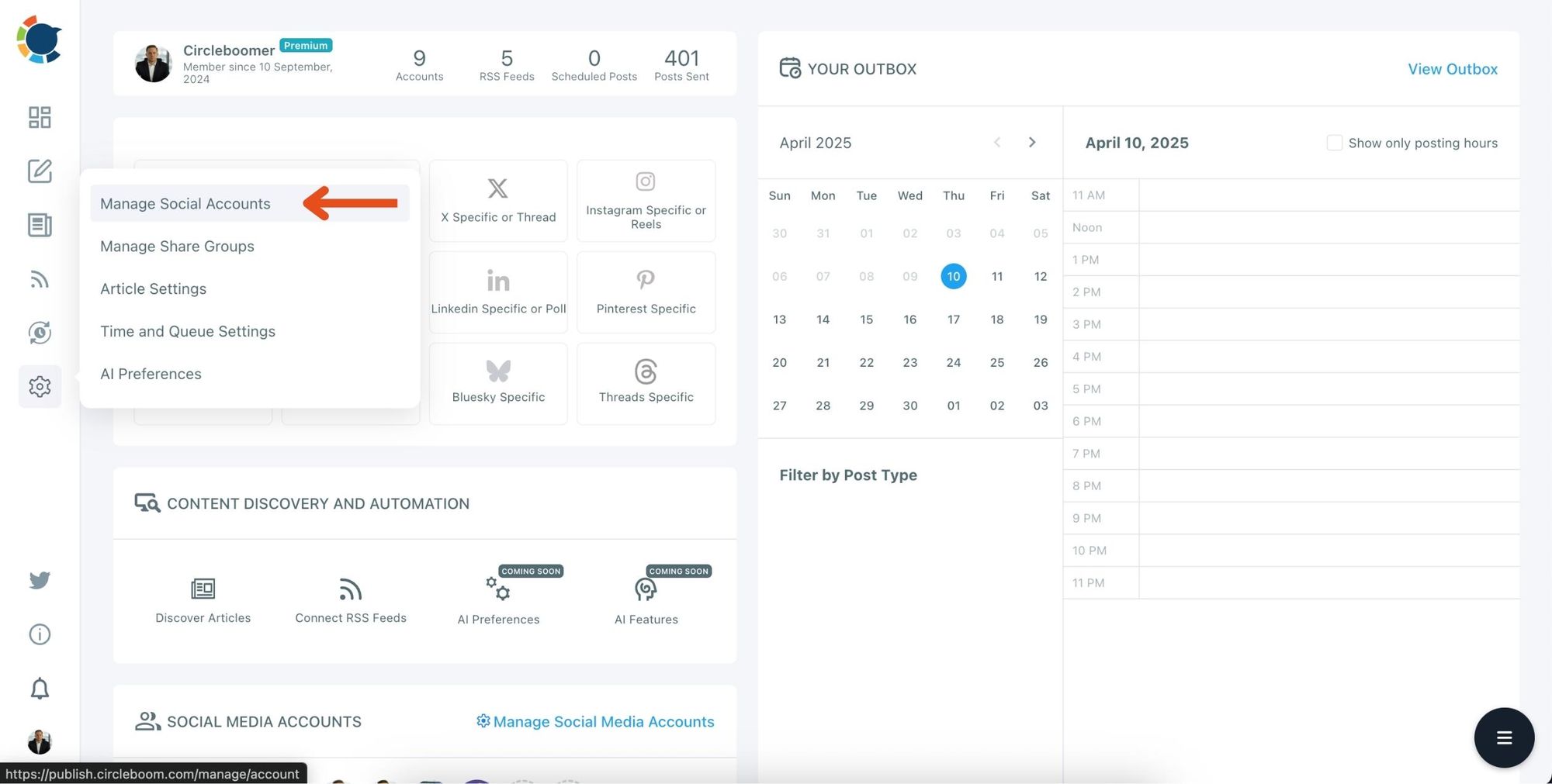 Navigate to "Manage Social Accounts."