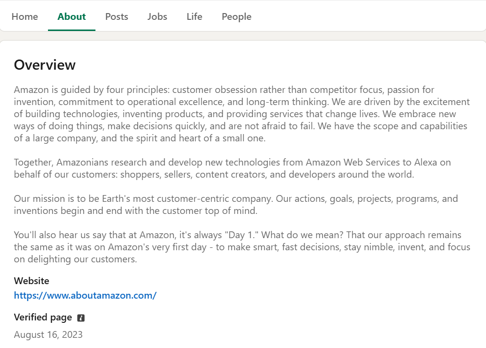 "About" Page of Amazon