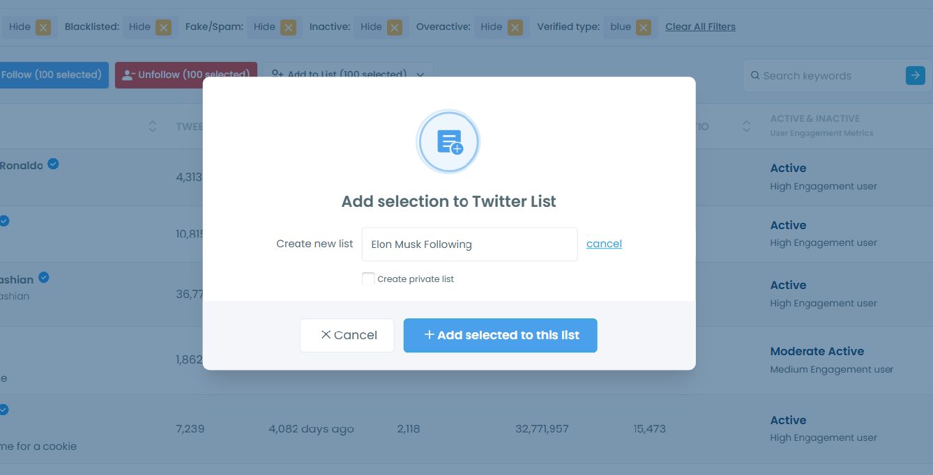 Add selection to Twitter List
