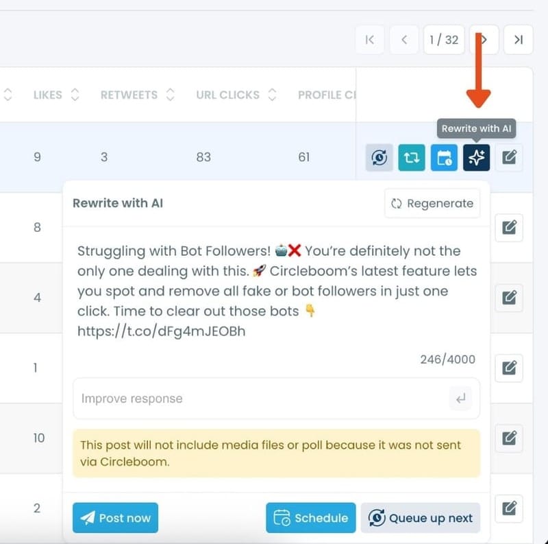Click the “Rewrite with AI” button next to the tweet you want to regenerate. 