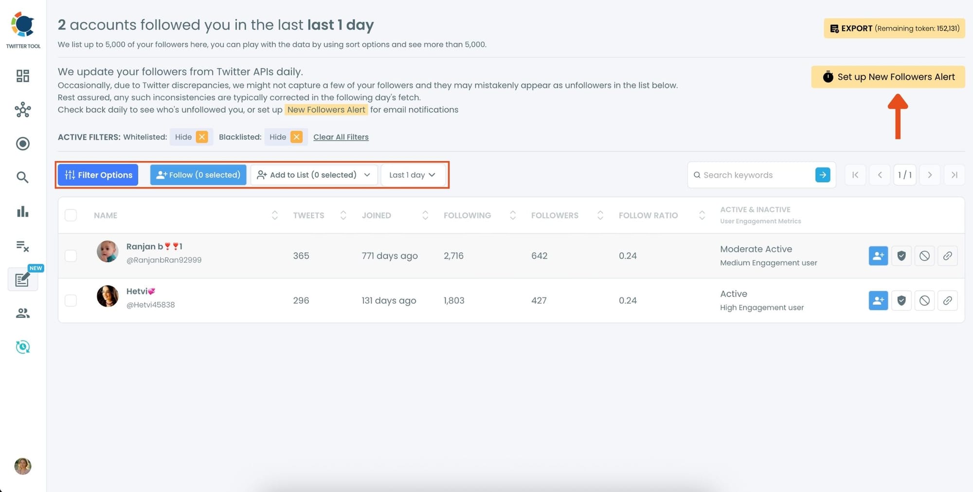 List of new followers