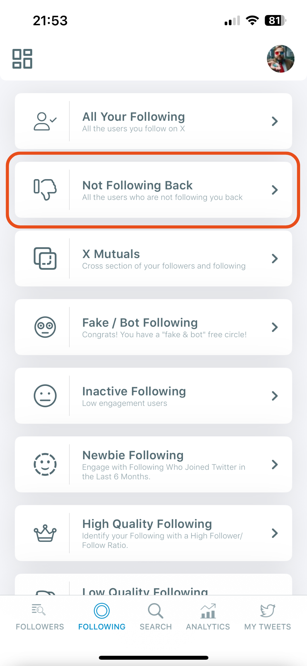 Choose “Not Following Back”