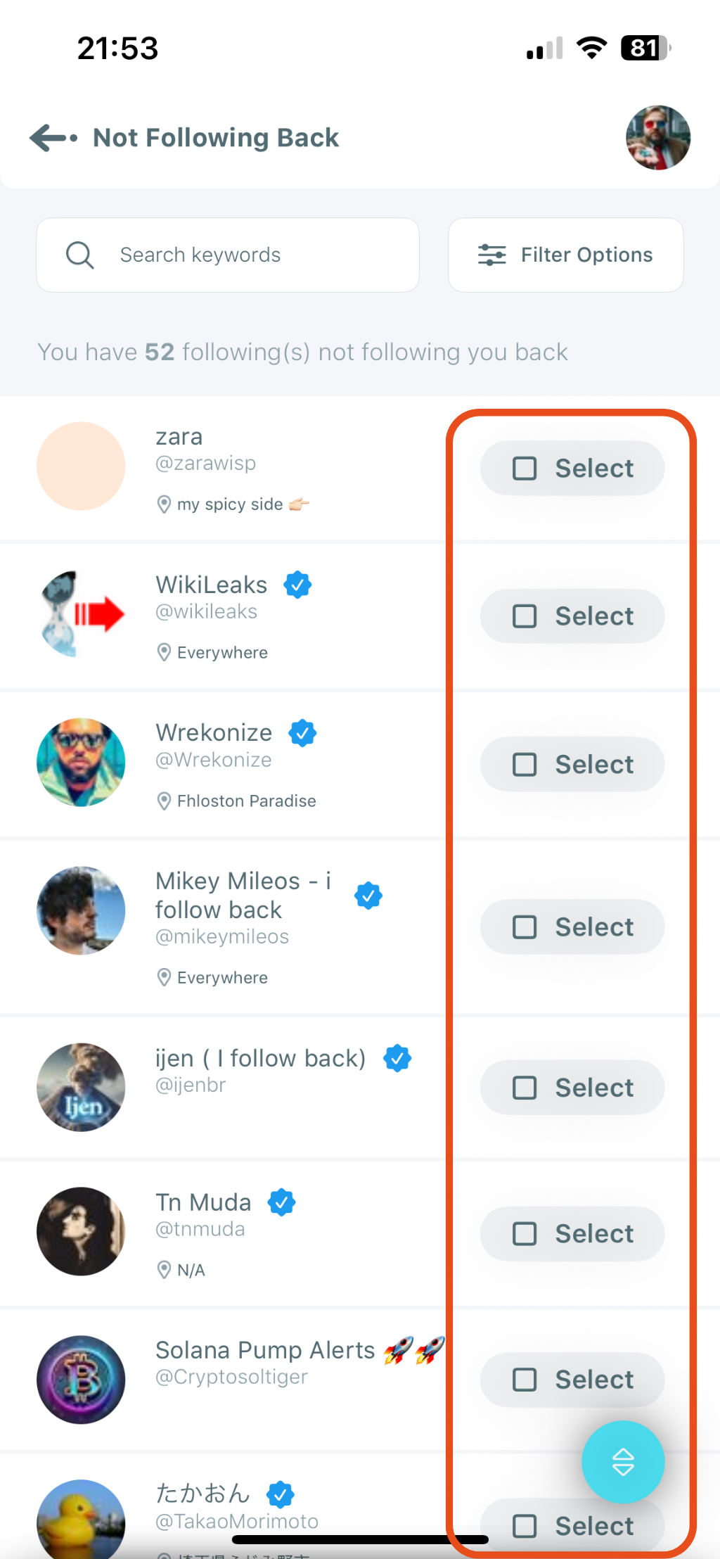 Select the Accounts to Unfollow