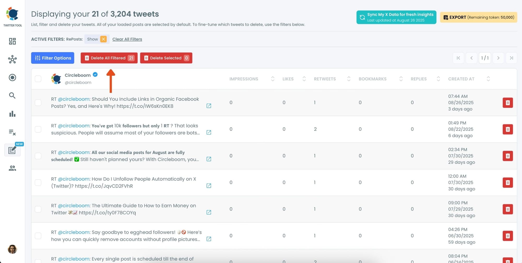 Review the Filtered RePosts and Click “Delete All Filtered”