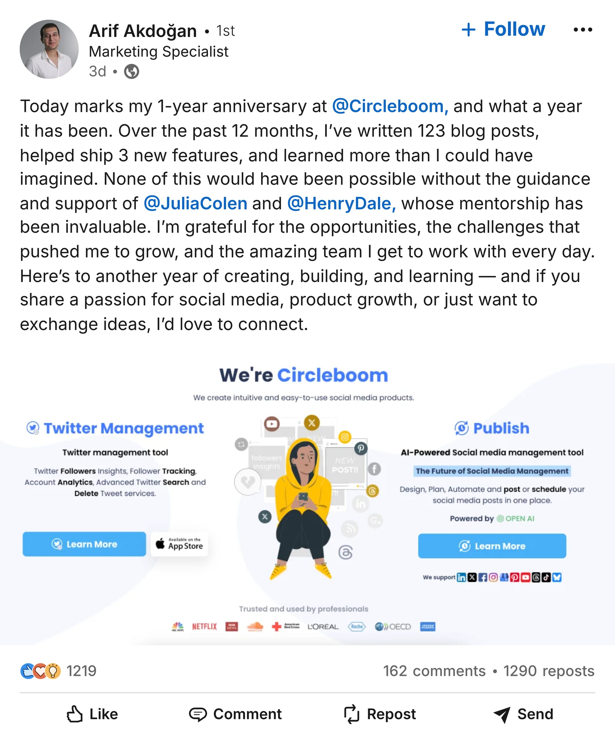 My own LinkedIn work anniversary post