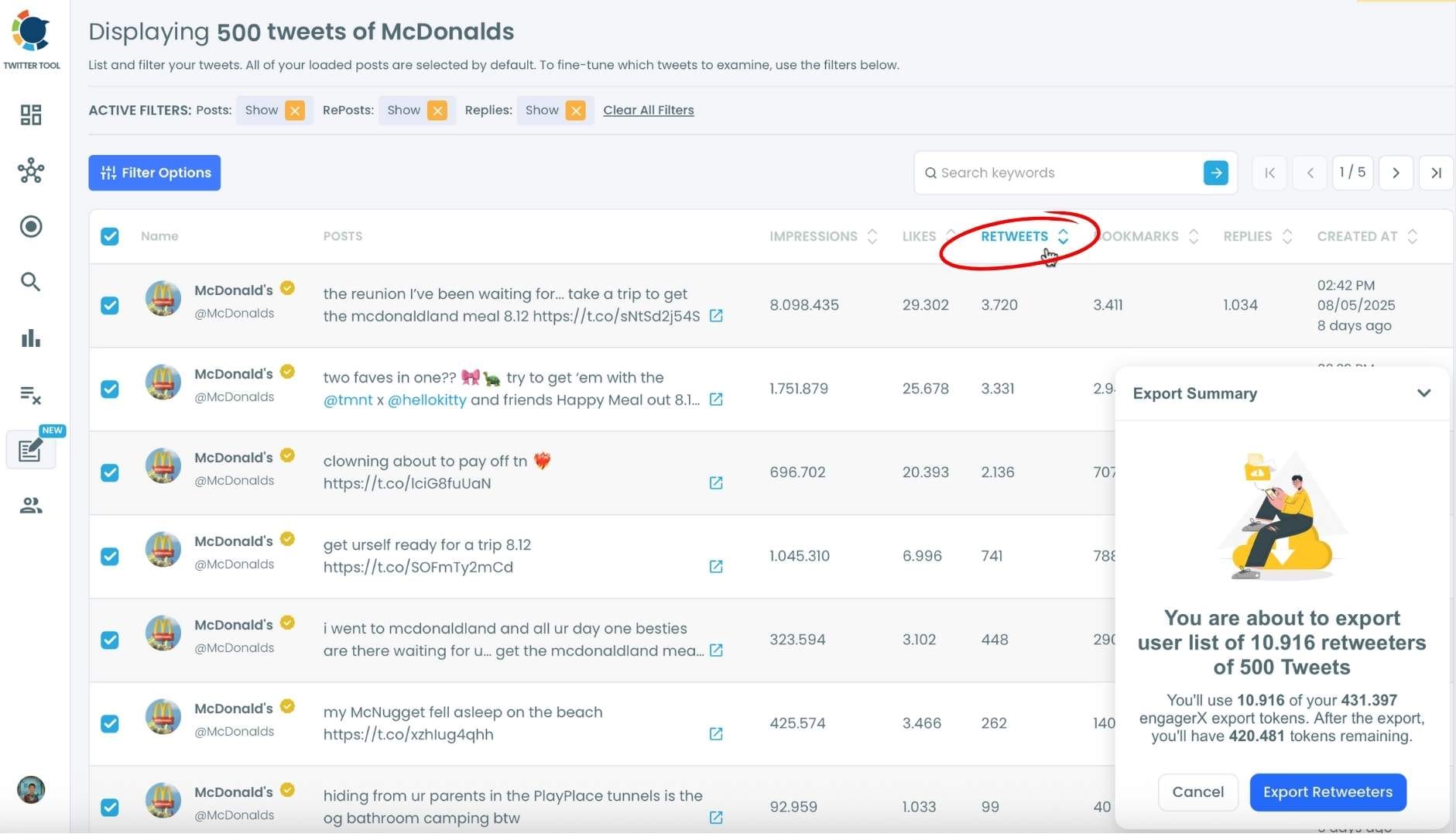 Export who retweeted McDonald's tweets!
