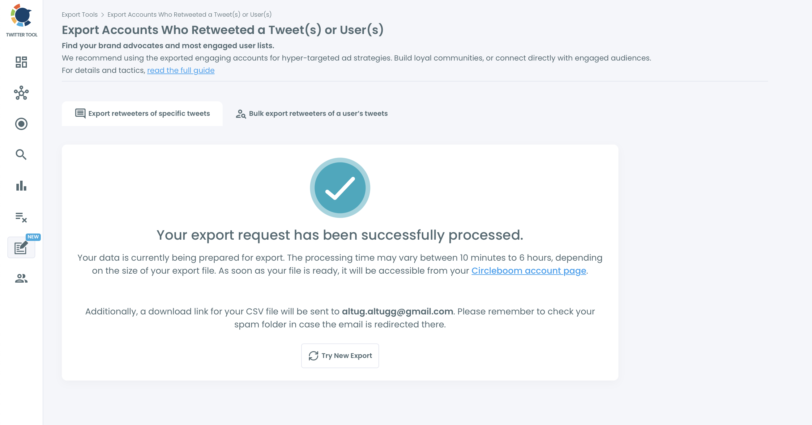 Your export request has been successfully processed.