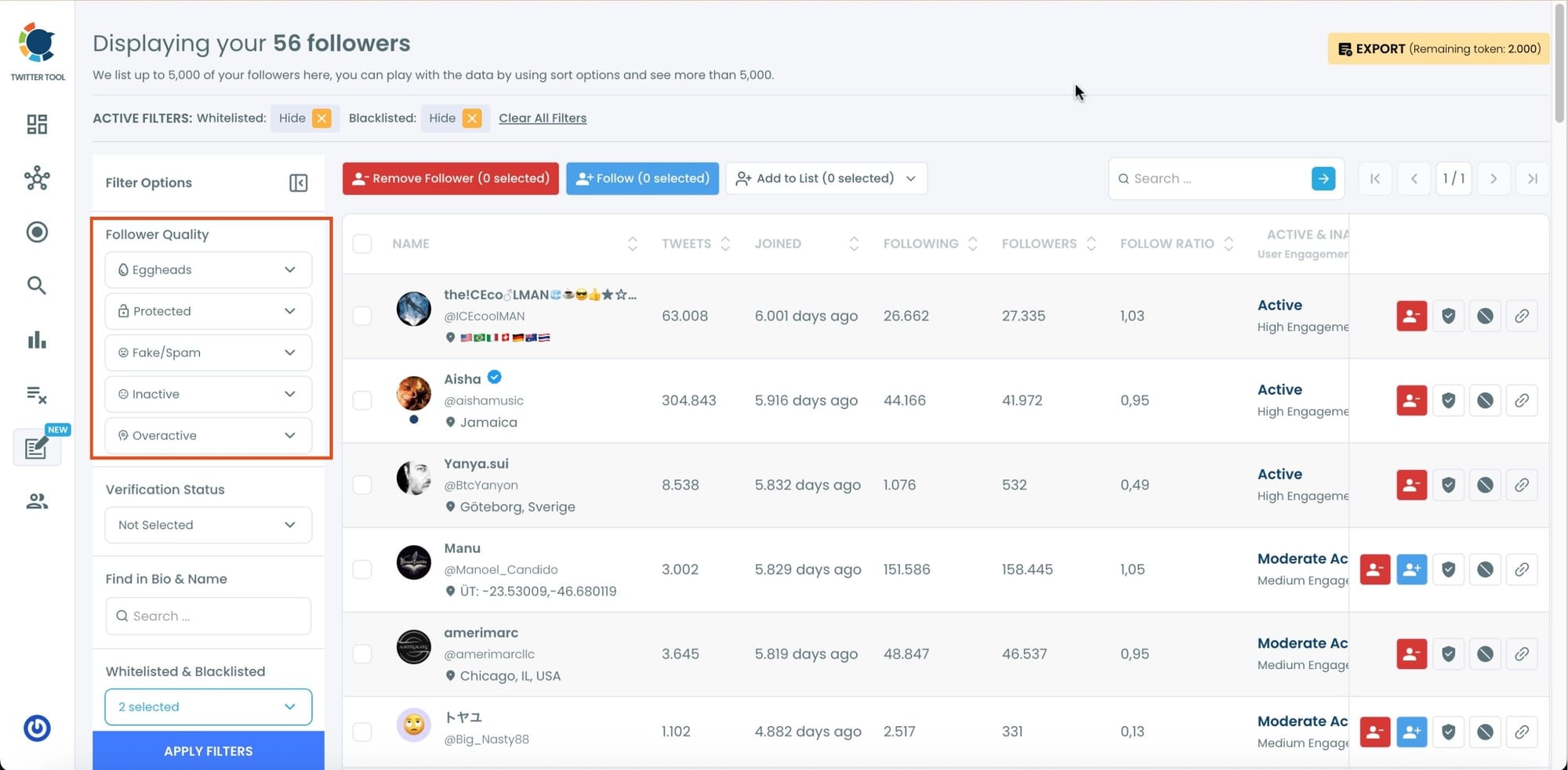 Filters for followers