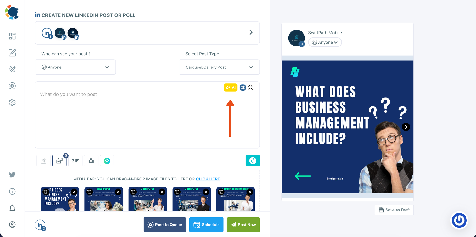 Upload your carousel slides and write your LinkedIn caption