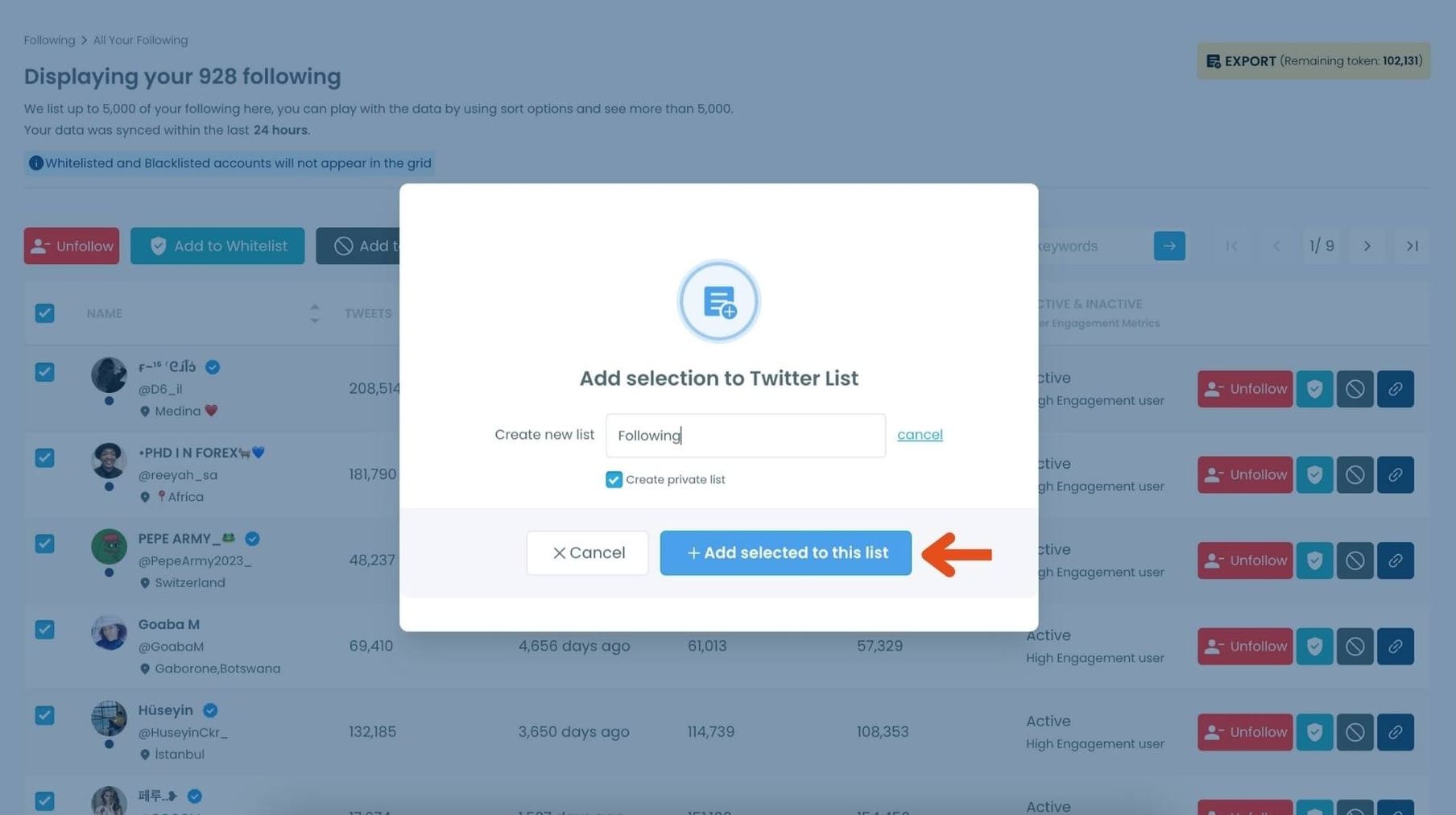 Add selection to a Twitter List