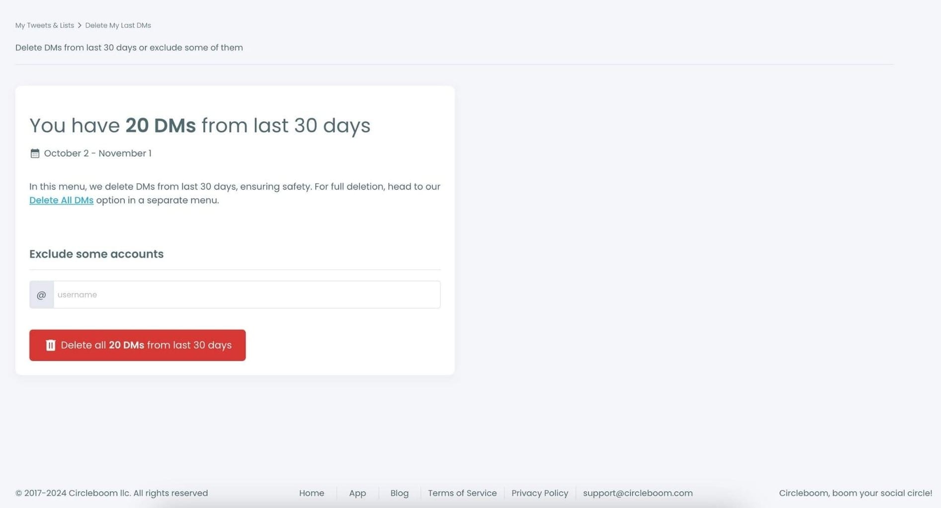 Circleboom display yout last DMs to delete