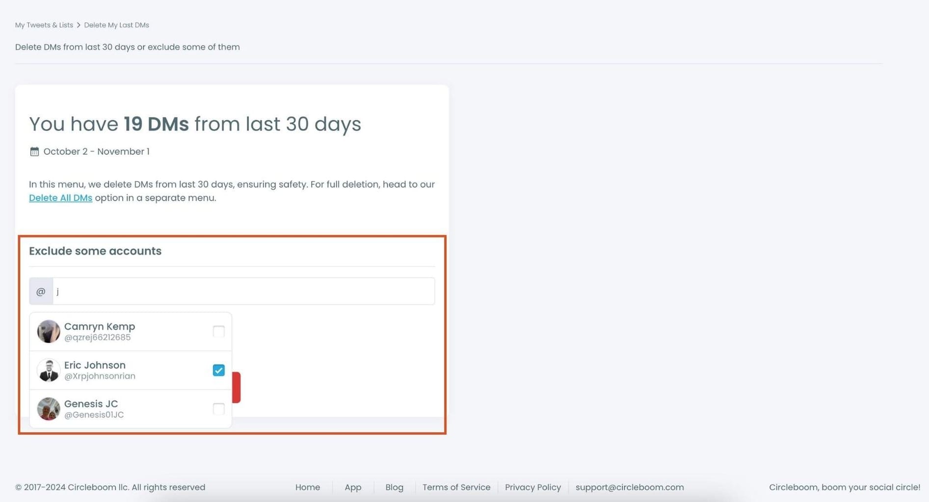 Exlude same accounts before DM deletion