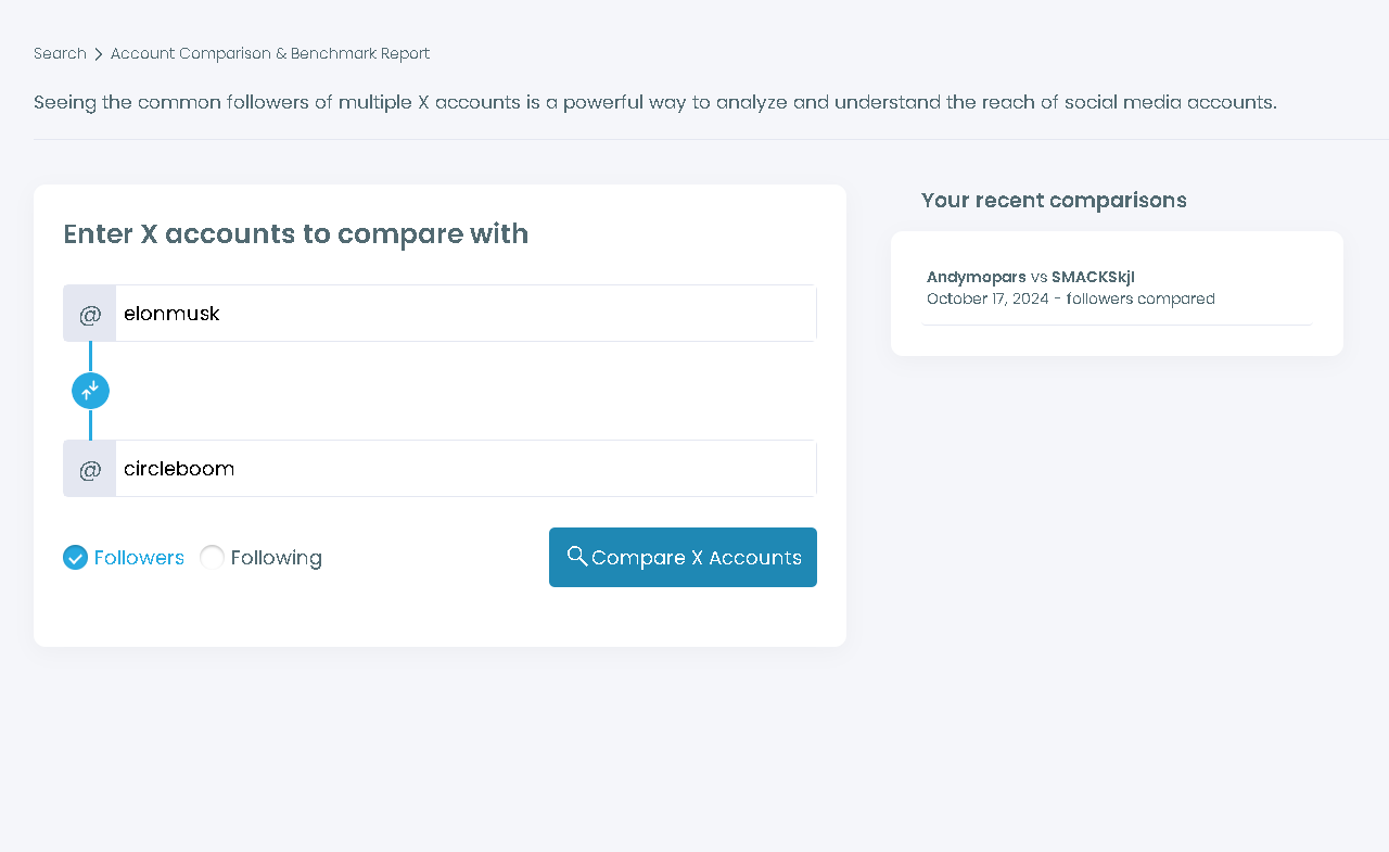 Type in the handles to find common followers between Twitter accounts​