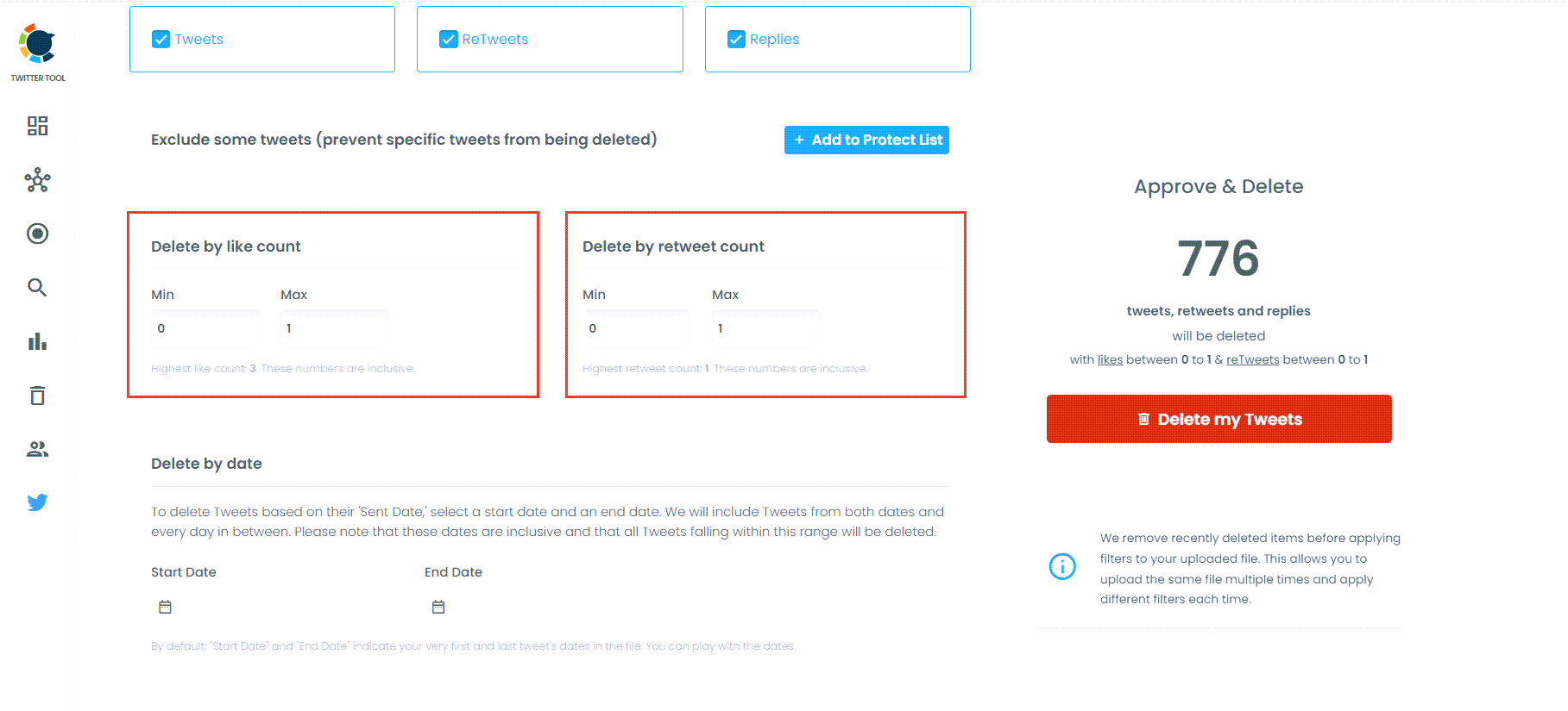Delete by like and retweet count