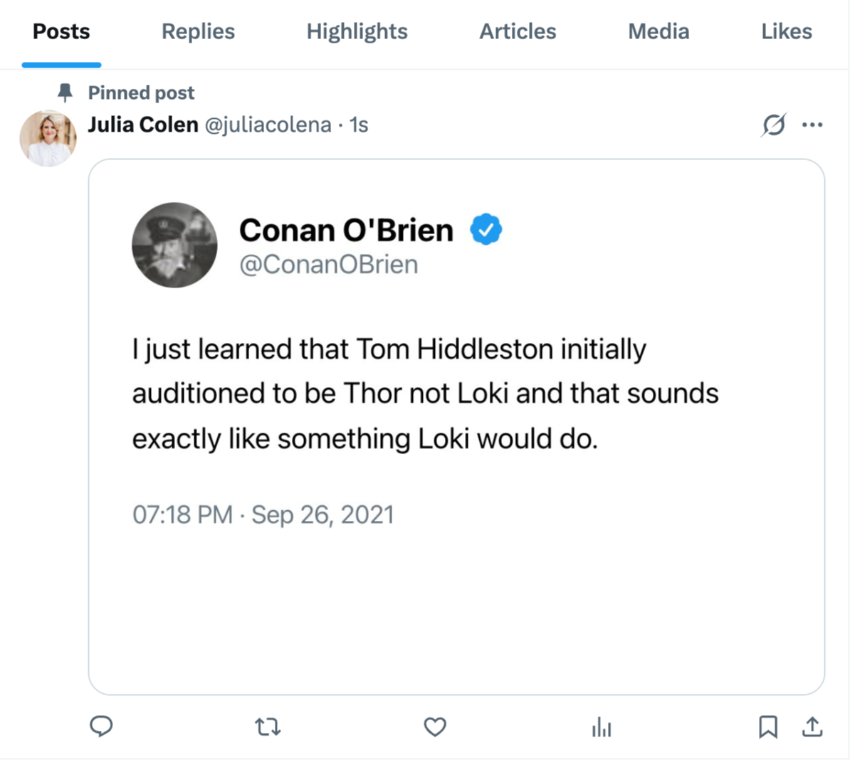 For Example I Pinned a post of Conan O'Brien