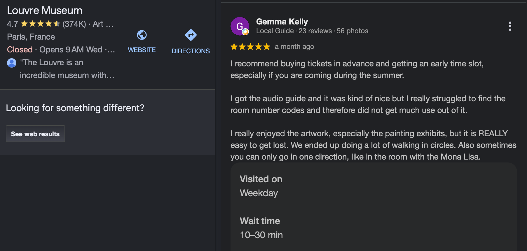 A Google review for Louvre Museum