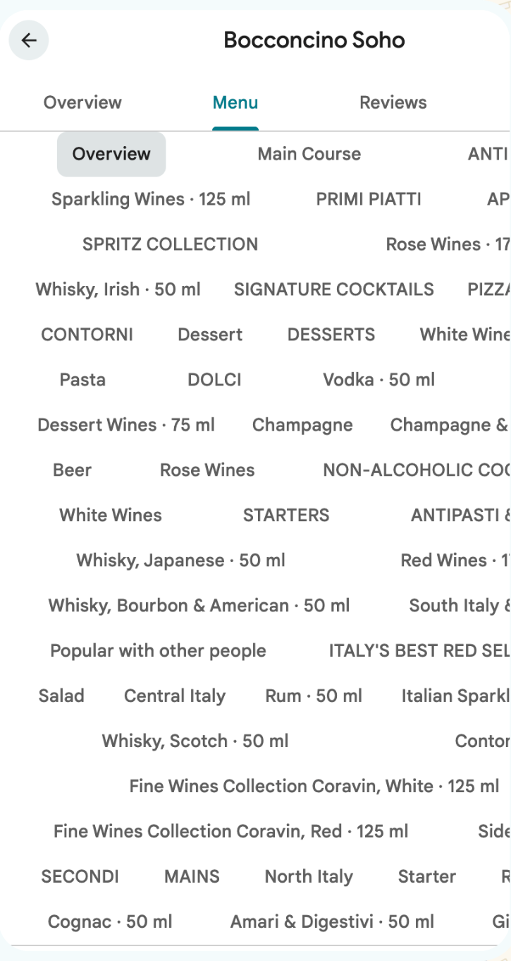 Bocconcino Soho Google Maps menu with more than 50 section tabs, including Dessert, DESSERTS and DOLCI.