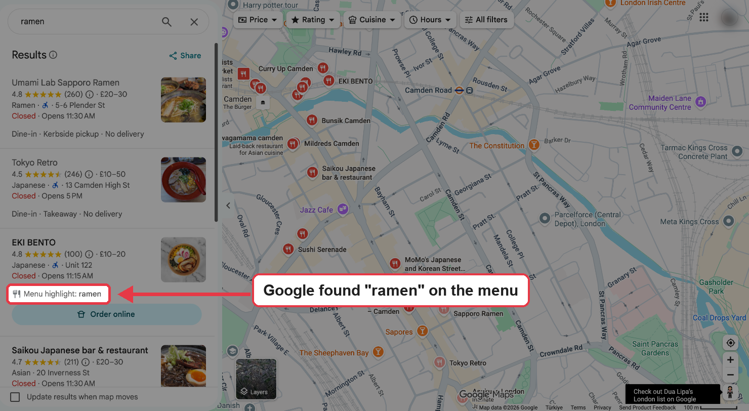Google Maps results for "ramen" in Camden, London, with the "Menu highlight: ramen" line under the EKI BENTO listing marked in red.