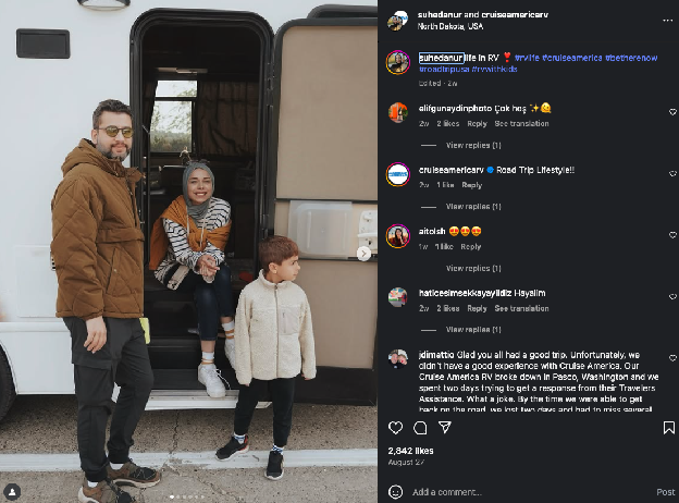 Screenshot of an influencer's Instagram post about Cruise America brand