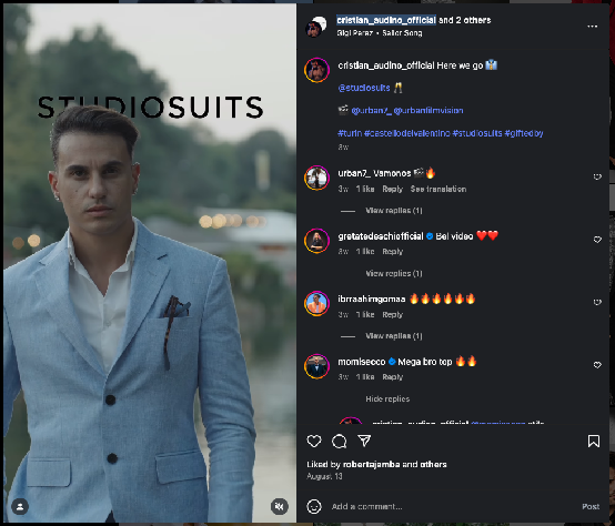 Screenshot of an influencer's Instagram post about StudioSuits brand