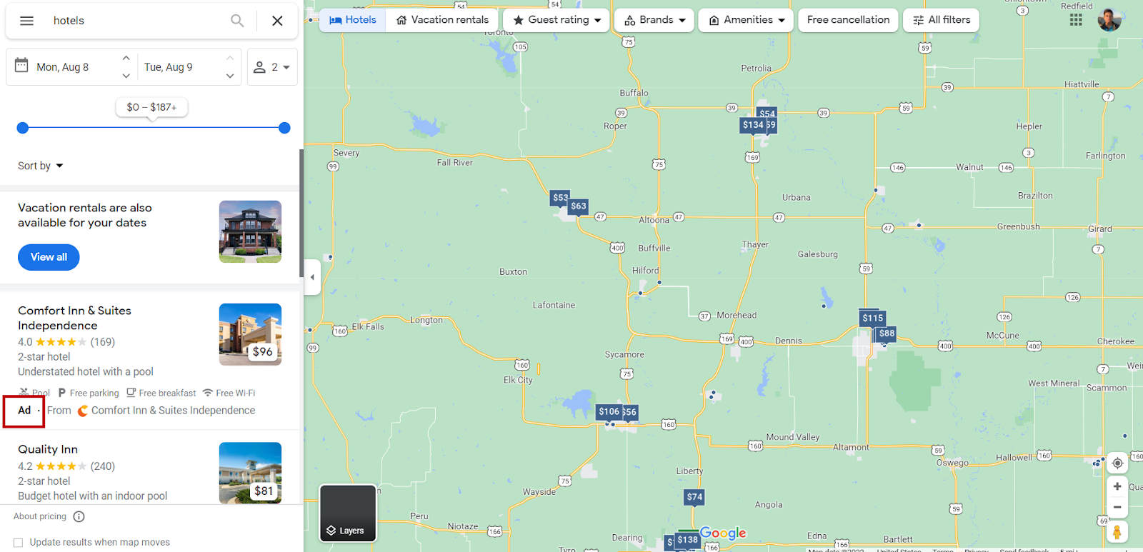 Google Maps hotel search where a lower rated hotel with an "Ad" label is listed above better rated hotels.