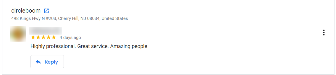 Five star Google review of Circleboom that says "Highly professional. Great service. Amazing people," with a Reply button.