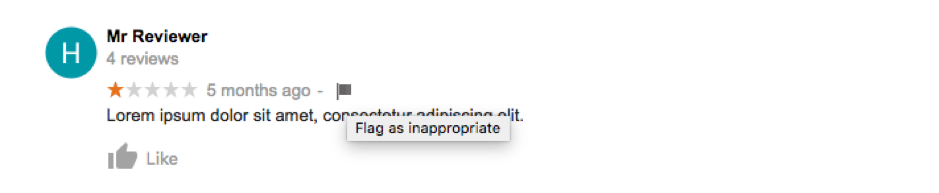 Example of a fake one star Google review with placeholder text and the Flag as inappropriate option.