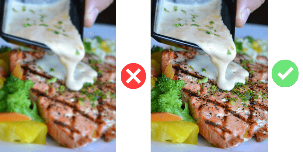 The same salmon dish shown blurry with a red cross and sharp with a green check.
