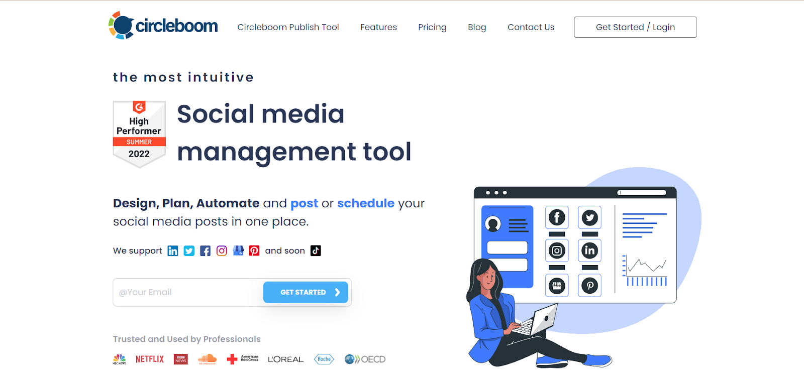 Circleboom Publish homepage introducing the social media management tool.