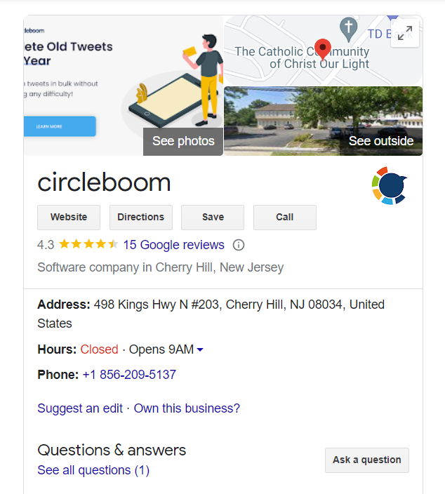 Circleboom's Google Business Profile on Google with photos, Google reviews, address, hours and phone number.