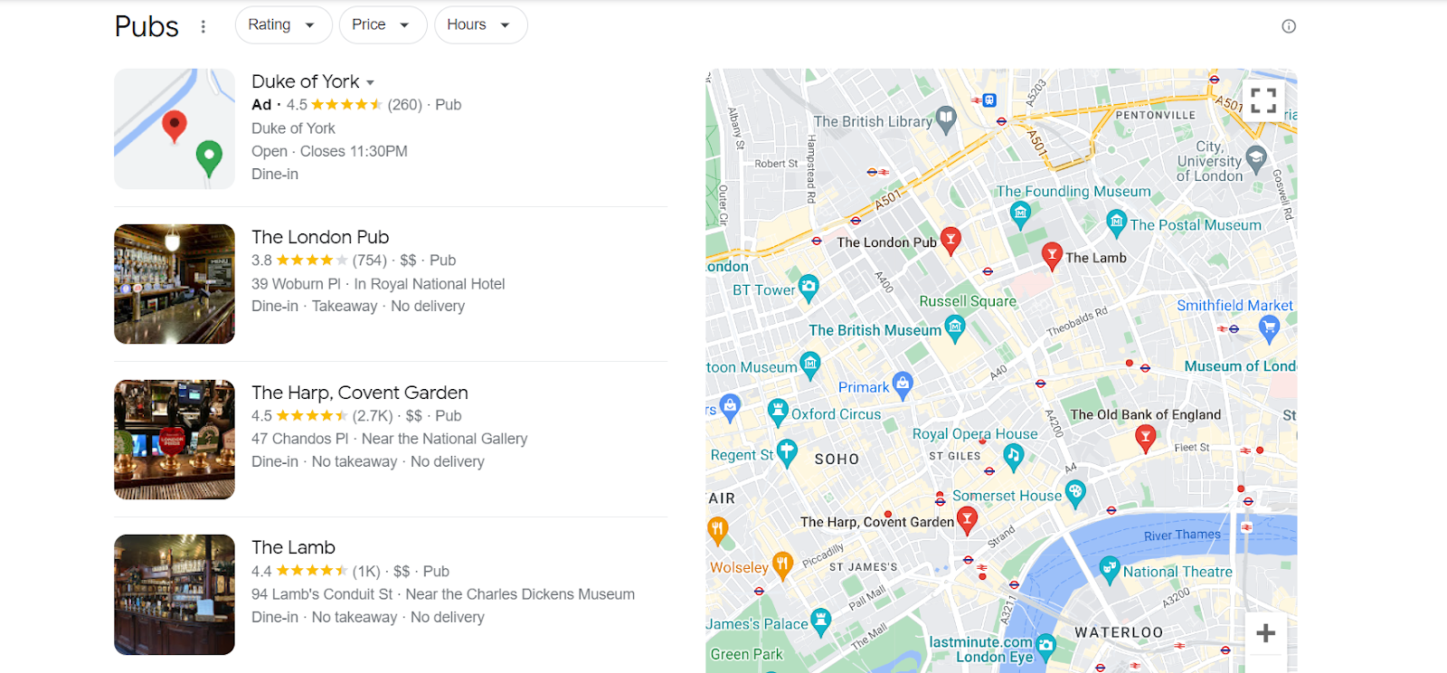 Google Maps results for pubs in London, where The London Pub is the only listing with "pub" in its name.