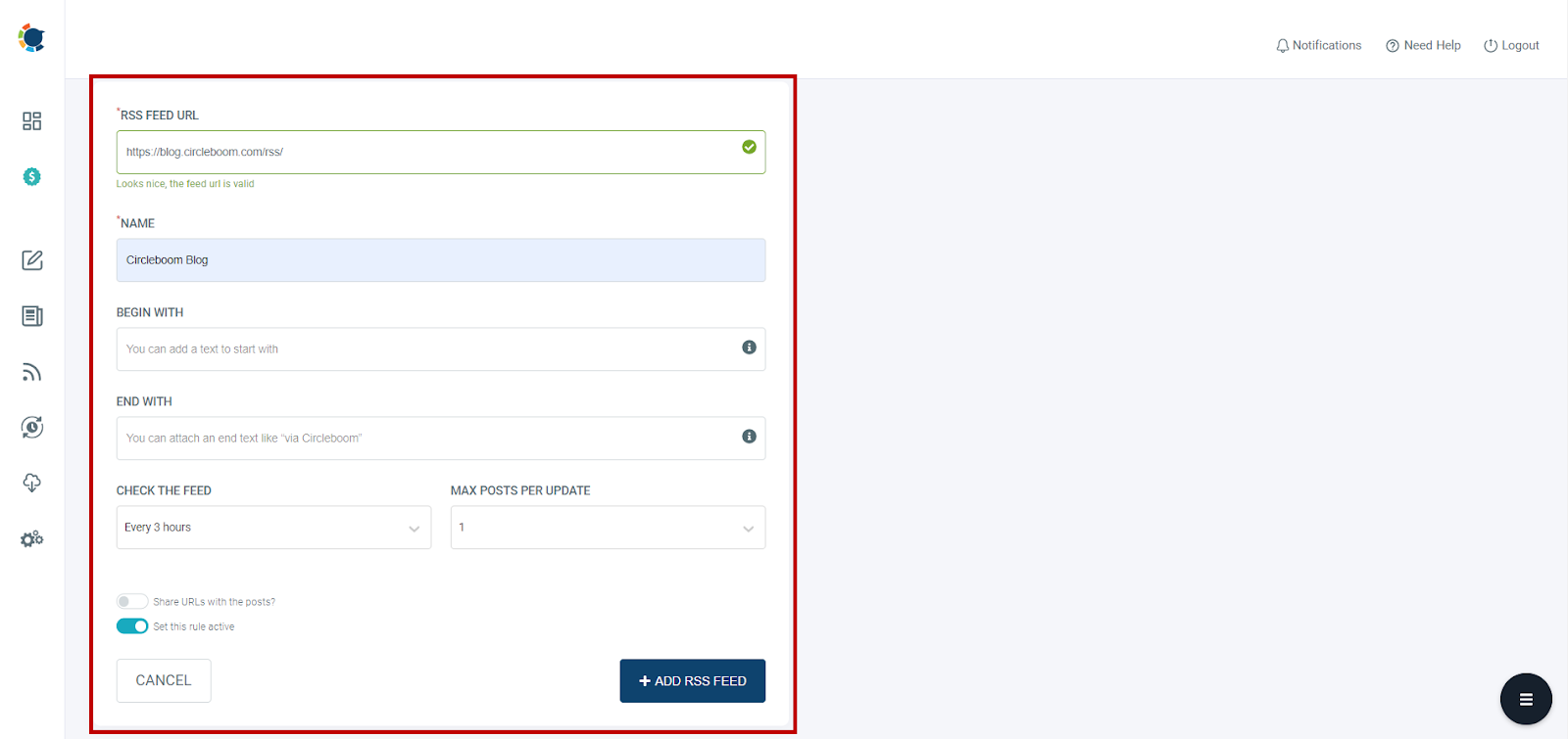 Circleboom Publish RSS feed form with the feed URL, name, Begin With and End With fields and the check interval.