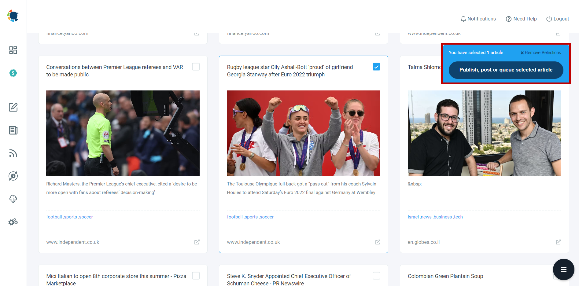 Circleboom Publish article curation feed with one news article selected and the button to publish, post or queue it.
