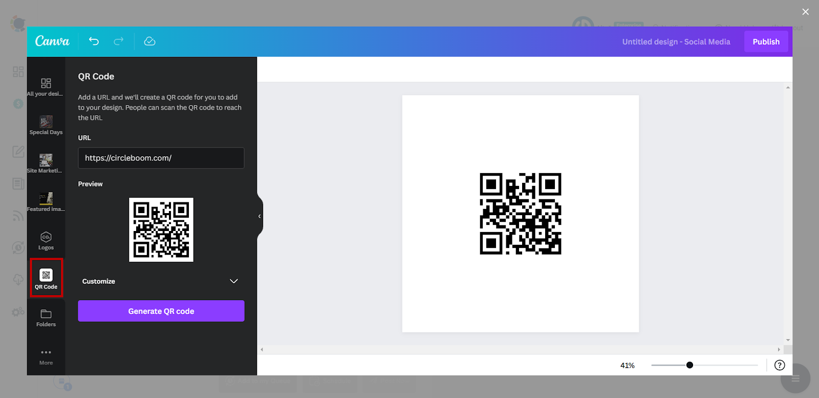 Canva QR code app inside Circleboom Publish generating a QR code for circleboom.com.