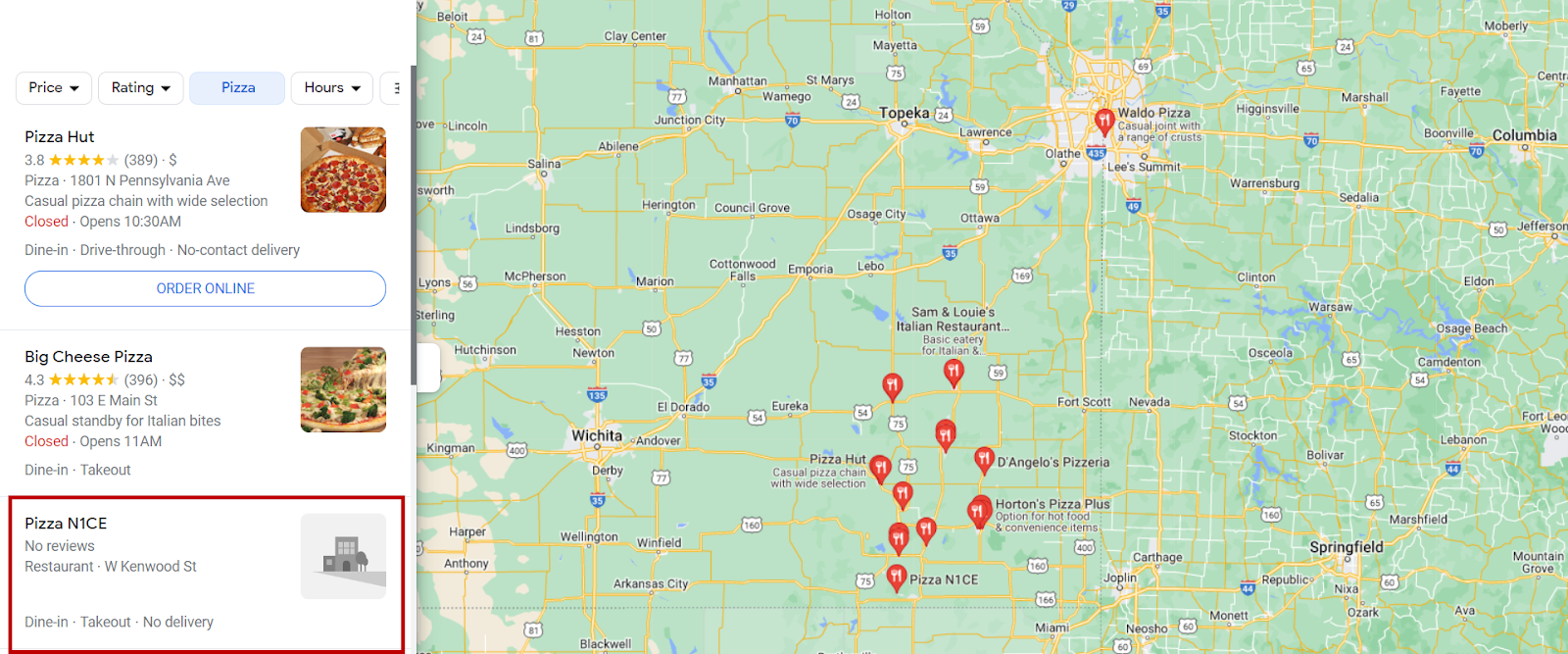 Google Maps pizza results spread across a wide map, with a listing far from the searcher outlined in red.