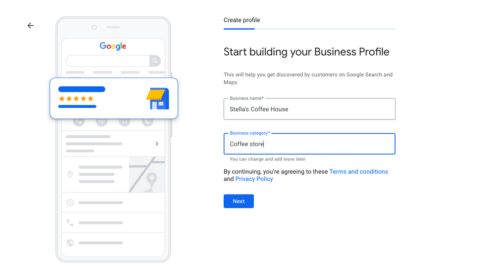 Google Business Profile setup screen asking for the business name and business category.