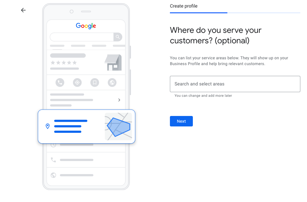 Google Business Profile setup screen asking where you serve your customers.
