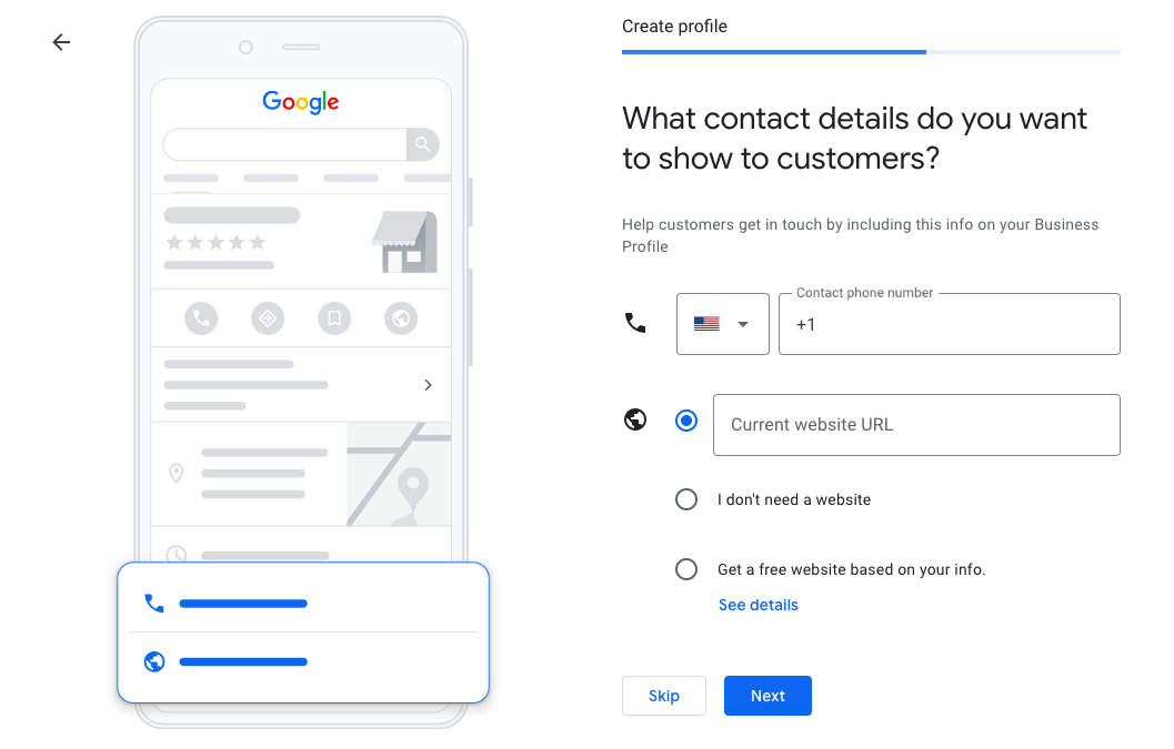 Google Business Profile setup screen for the phone number and website shown to customers.
