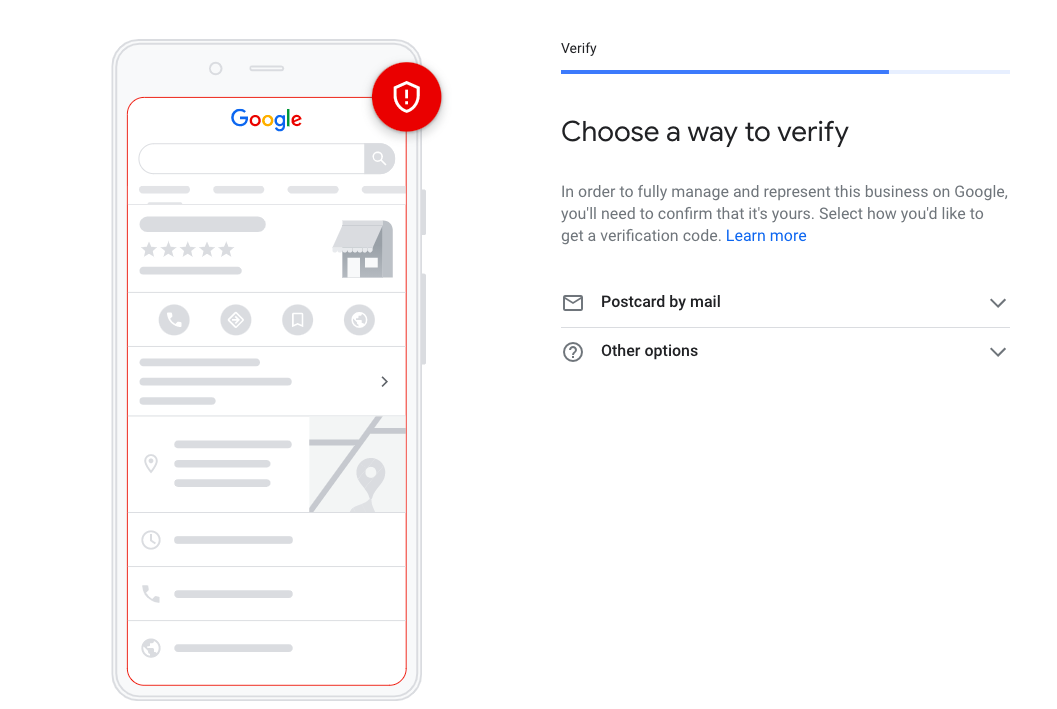 Google Business Profile verification screen with Postcard by mail and other verification options.