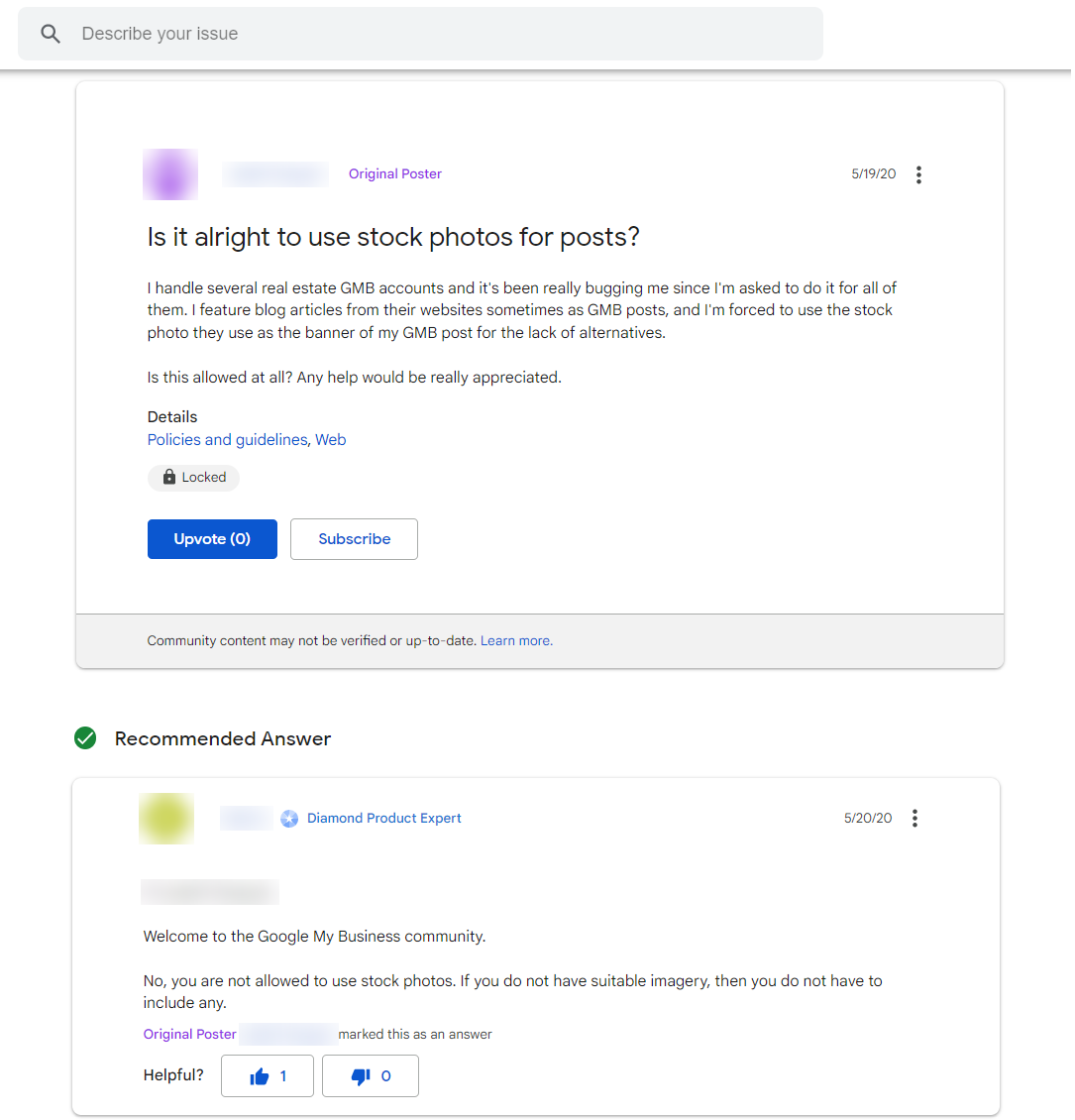 Google Business Profile community thread where a product expert answers that stock photos are not allowed in posts.