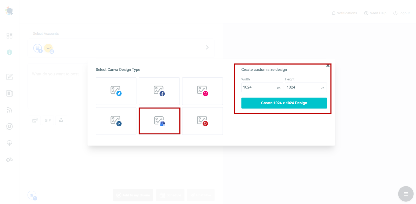 Canva design type picker in Circleboom Publish with the Google Business Profile option and a custom 1024 by 1024 size.