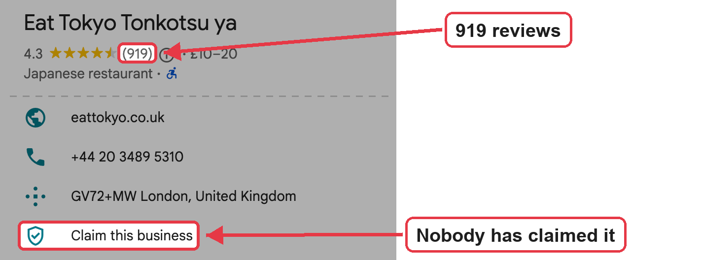 Google Maps profile of Eat Tokyo Tonkotsu ya in London with 919 reviews and a Claim this business link, both marked in red.