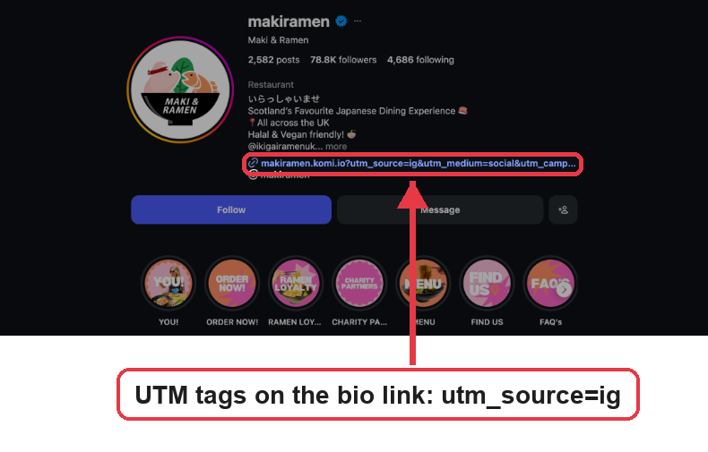 Maki & Ramen Instagram profile with its UTM tagged bio link marked in red.