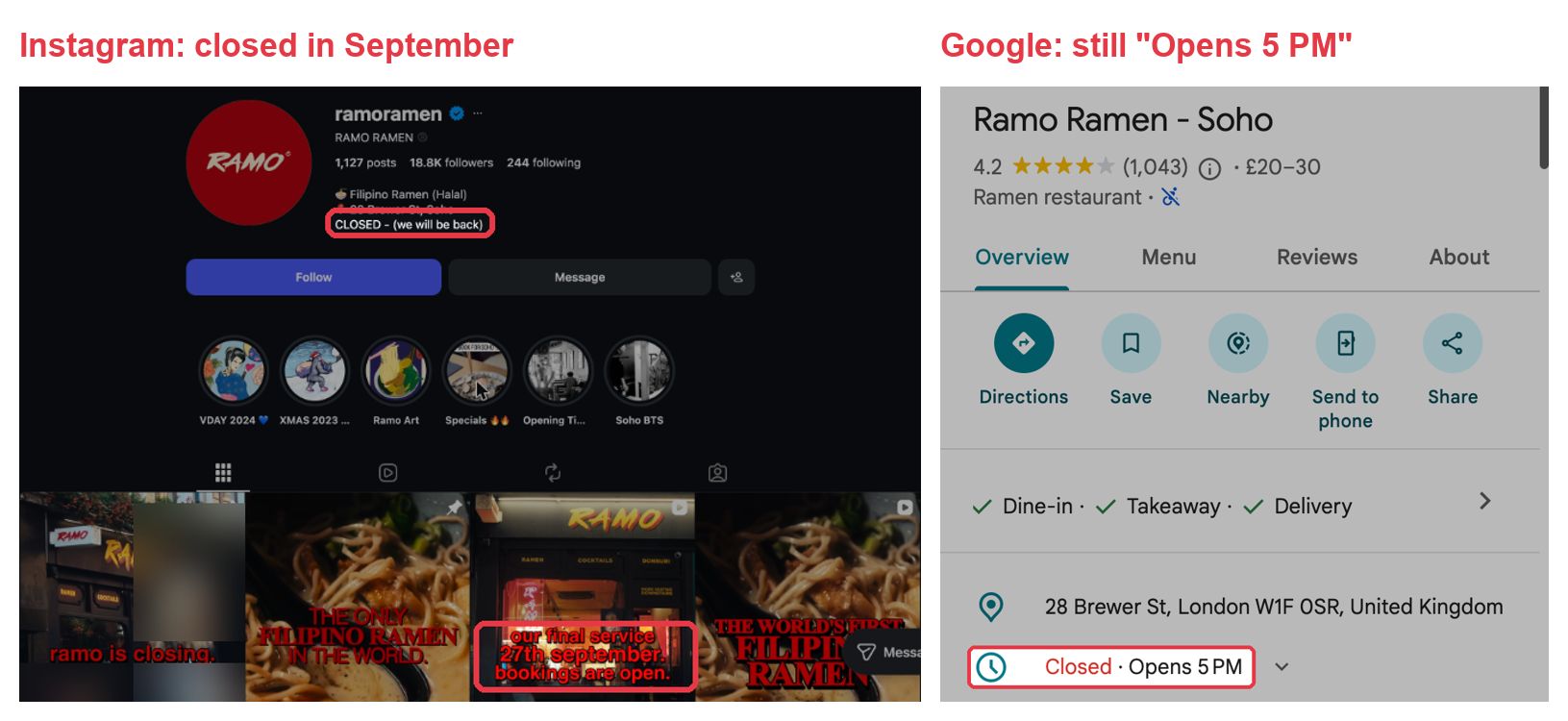 Ramo Ramen's Instagram profile saying it is closed, next to its Google Maps profile that still says "Opens 5 PM."