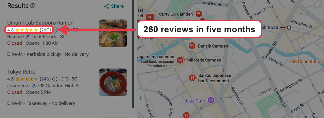Google Maps result for Umami Lab Sapporo Ramen in Camden with its 4.8 rating and 260 reviews marked in red.