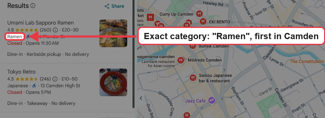 Google Maps results for "ramen" in Camden, London, with the "Ramen" category of Umami Lab Sapporo Ramen, the first result, marked in red.