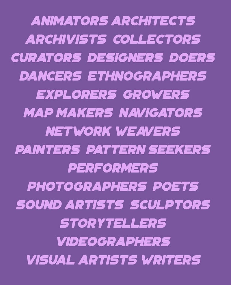 Image with words like architects, designers, explorers, growers, performers, poets etc. on