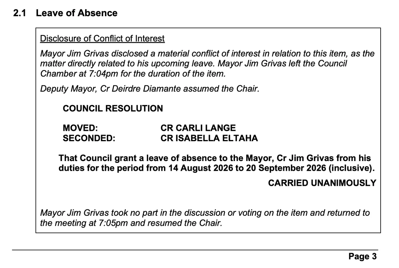 Mayor Grivas takes five weeks' leave, with allowance continuing