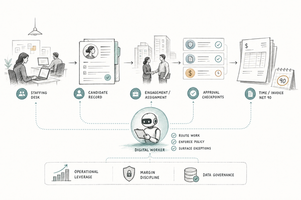 Editorial sketch showing the staffing workflow behind Net-90 Payment Friction Digital Worker.